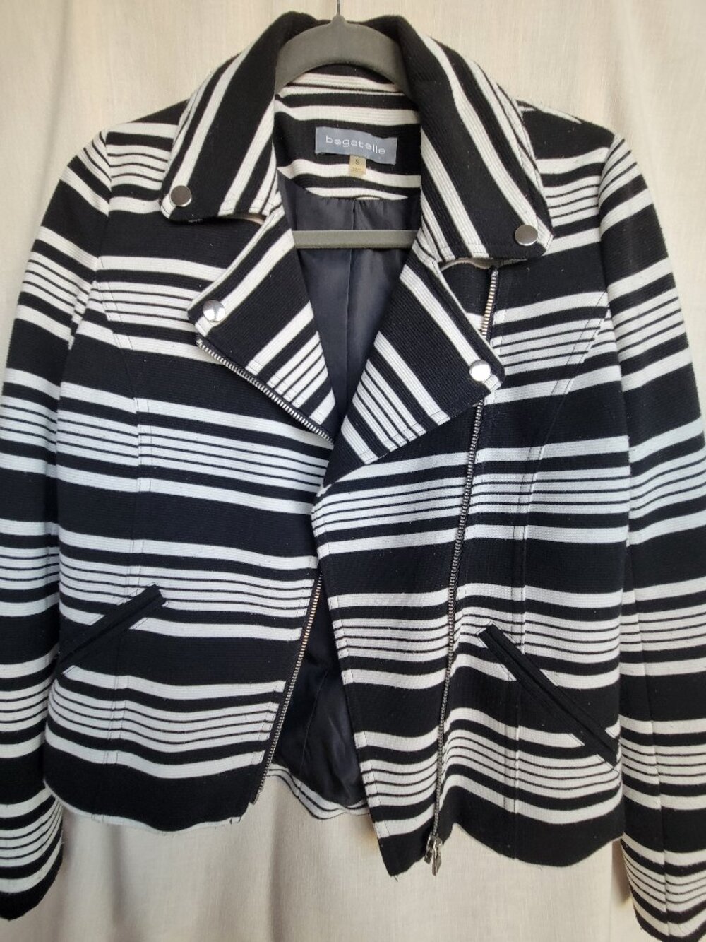 Bagatelle Striped Asymmetrical Zip Moto Blazer Jacket Black White Small